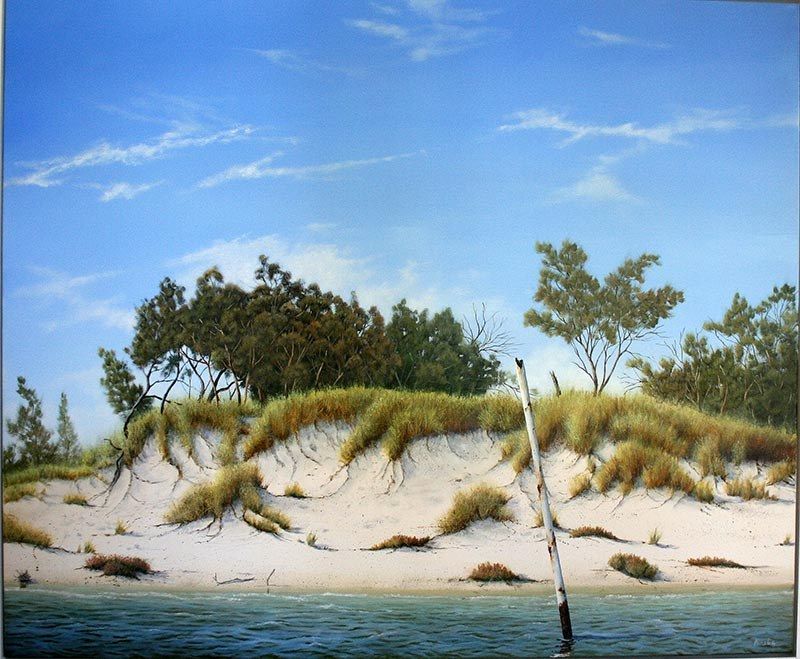 Mooring Poles 3, acrylic on polycotton, by James Ainslie