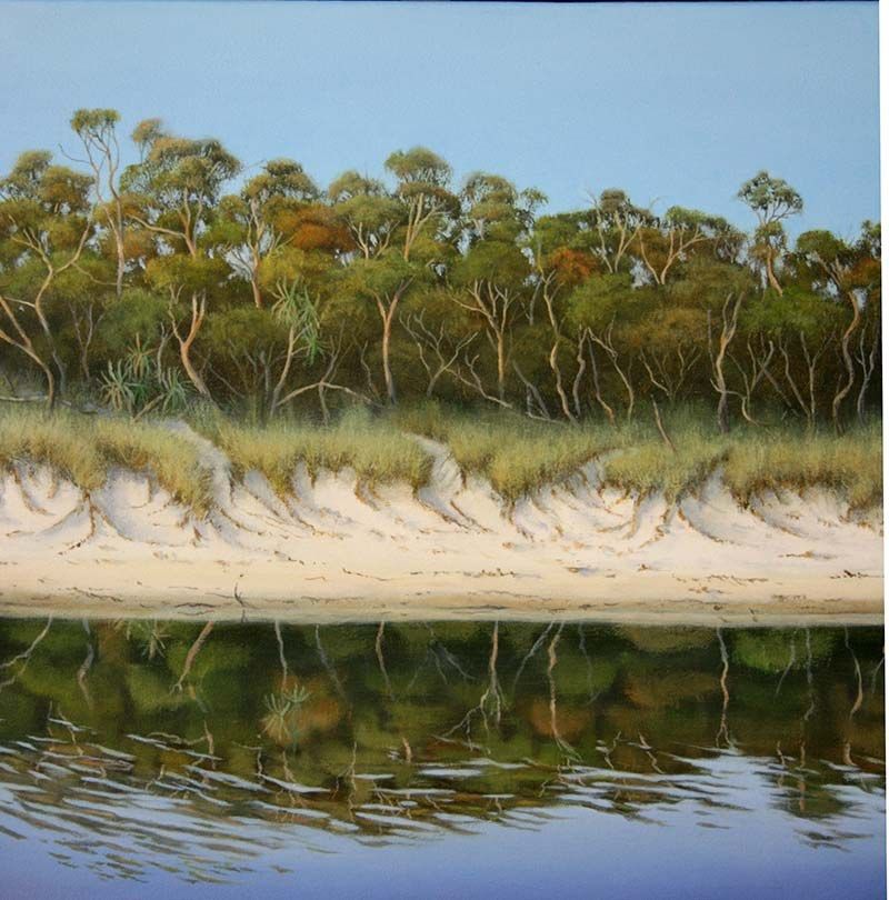 River reflections, acrylic on canvas, by James Ainslie
