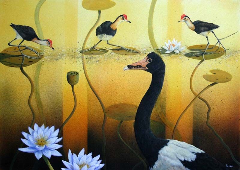 Life On A Sunset Billabong, acrylic on Arches paper, by James Ainslie